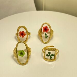 18K Gold-Plated Stainless Steel Ring, Adjustable Open Ring with Dried Flowers
